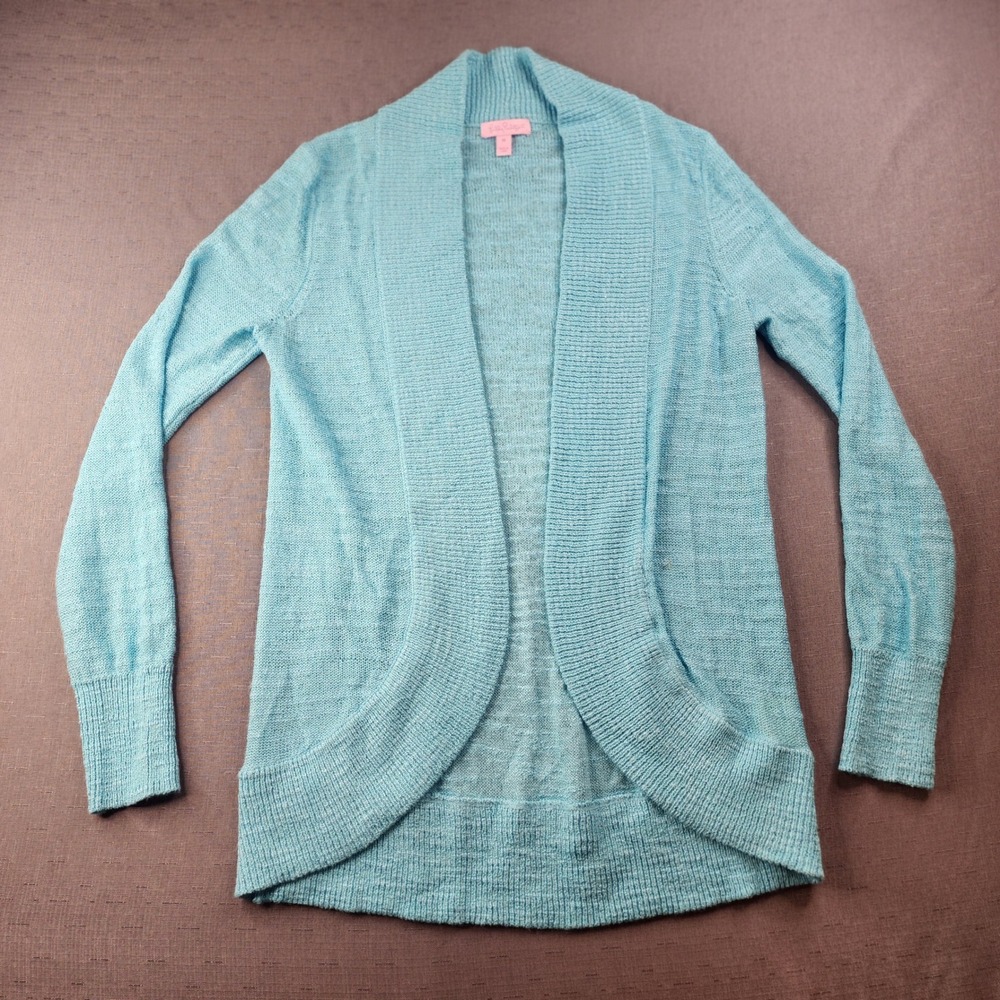 Lilly Pulitzer Teal Blue Open Front Cardigan Sweater Shawl Collar Knit Medium